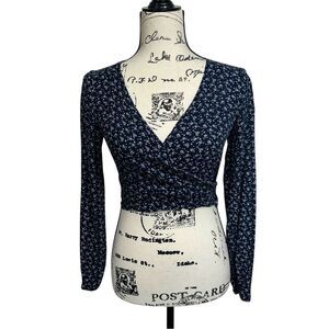 John Gault Navy Blue Floral Print‎ Long sleee Wrap Crop Top, OS